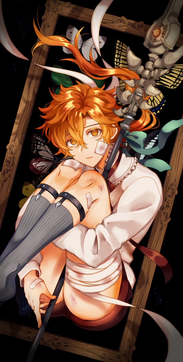 1boy aged_down arm_around_leg bandage_on_knee bandage_on_leg bandaged_leg bandages black_shorts bug butterfly child collared_shirt commentary dress_shirt f_ico_e fire_emblem fire_emblem:_three_houses gauze gauze_on_cheek grey_socks head_on_knee highres holding holding_polearm holding_weapon insect knees_up lance_of_ruin legwear_garter long_sleeves looking_at_viewer male_focus nintendo orange_eyes orange_hair ornate_weapon polearm ribbon shirt short_hair_with_long_locks short_shorts shorts socks solo spear sylvain_jose_gautier symbol-only_commentary thighhighs weapon white_ribbon white_shirt