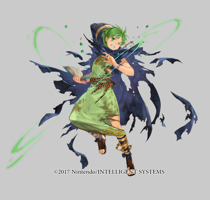 1boy belt book bracelet cape copyright_notice fire_emblem fire_emblem:_mystery_of_the_emblem fire_emblem_heroes full_body green_eyes green_hair grey_background hood jewelry leaf male_focus mayo_(becky2006) merric_(changing_winds)_(fire_emblem) merric_(fire_emblem) nintendo official_art one_eye_closed sandals solo teeth torn_clothes wizard