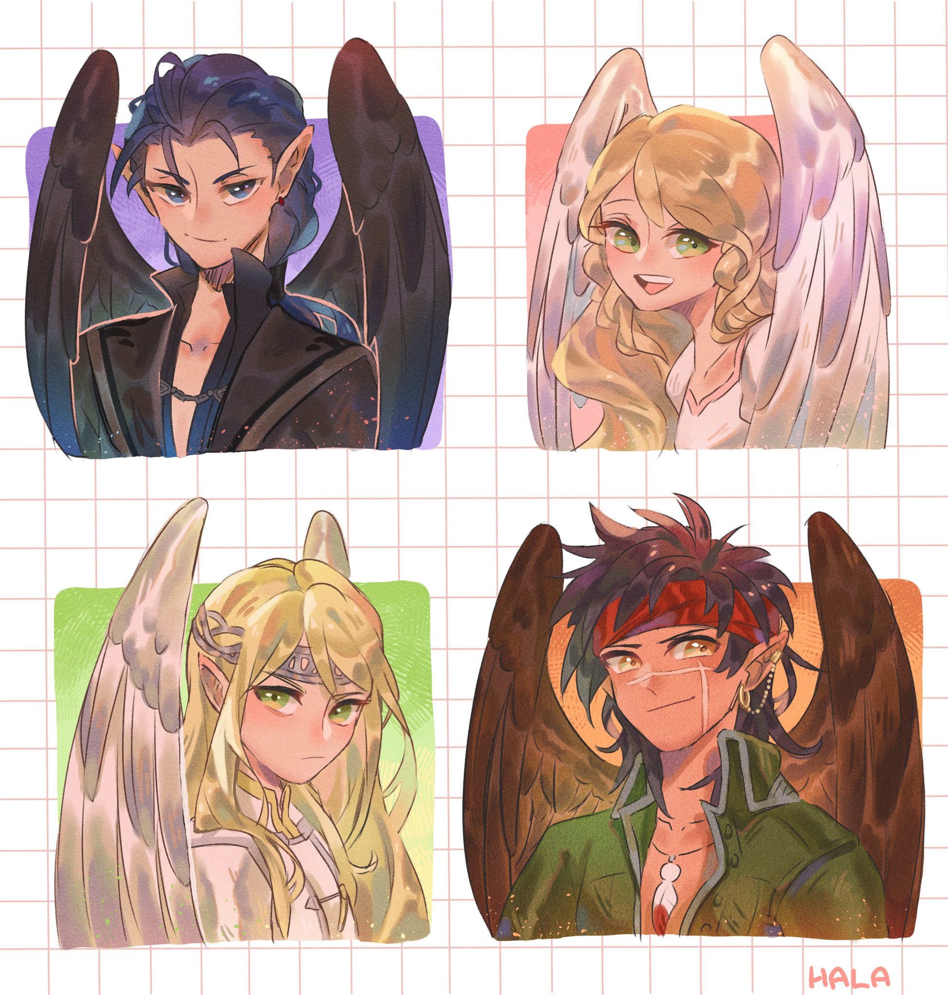 1girl 3boys :d artist_name bird_boy bird_girl black_coat black_wings blonde_hair blue_eyes blue_hair brown_wings closed_mouth coat commentary english_commentary feather_necklace fire_emblem fire_emblem:_path_of_radiance fire_emblem:_radiant_dawn green_coat green_eyes grid_background halapokok headband highres jewelry leanne_(fire_emblem) multiple_boys naesala_(fire_emblem) necklace nintendo open_mouth pointy_ears red_headband reyson_(fire_emblem) scar scar_on_face simple_background smile teeth tibarn_(fire_emblem) upper_teeth_only white_background white_wings wings yellow_eyes