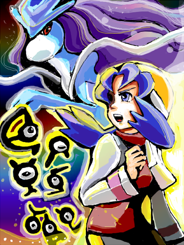 1990s_(style) 1girl bad_id bad_pixiv_id blue_hair character_name copyright_name gen_2_pokemon ichigoro kris_(pokemon) legendary_pokemon lowres nintendo open_mouth pokemon pokemon_(creature) pokemon_gsc retro_artstyle sketch suicune twintails unown unown_a unown_c unown_l unown_r unown_s unown_t unown_y