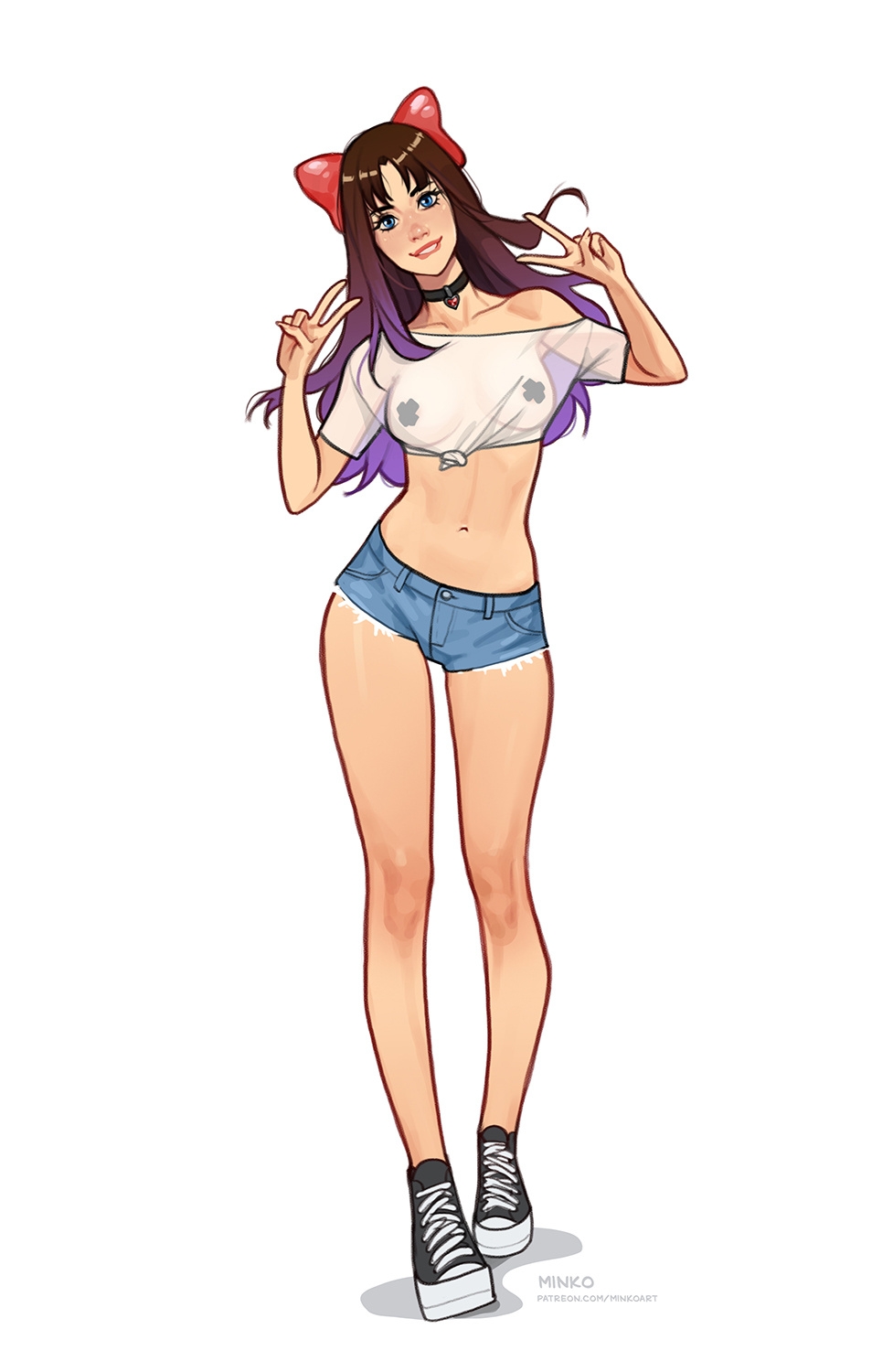 1girl artist_name biting_own_lip blue_eyes breasts breasts_apart brown_hair choker collarbone cutoff_jeans cutoffs double_v full_body gradient_hair head_tilt highres long_hair looking_at_viewer medium_breasts midriff multicolored_hair navel olena_minko original pasties patreon_username purple_hair see-through_clothes see-through_shirt shirt shoes simple_background tied_shirt v watermark web_address white_background