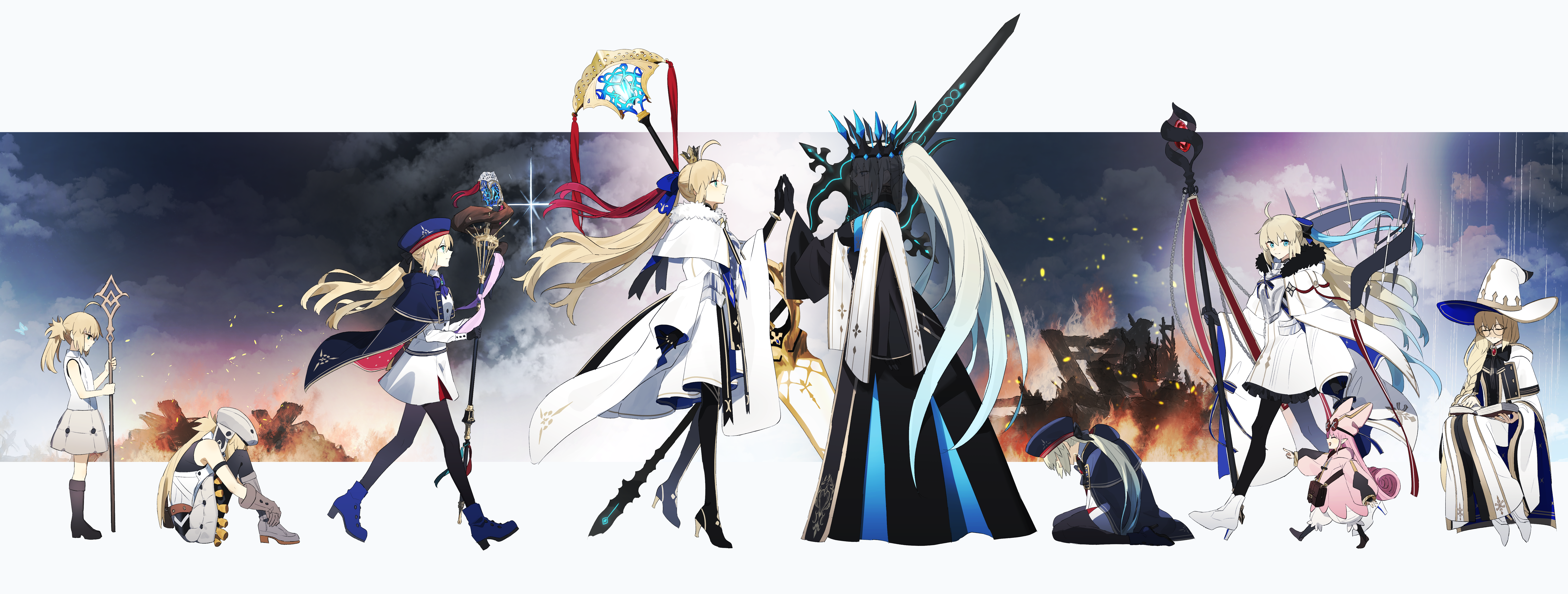 3girls absurdres aesc_(fate) aesc_(rain_witch)_(fate) aesc_(savior)_(fate) ahoge armor armored_dress artoria_caster_(fate) artoria_caster_(first_ascension)_(fate) artoria_caster_(second_ascension)_(fate) artoria_caster_(third_ascension)_(fate) artoria_pendragon_(fate) baggy_clothes baggy_pants belt beret black_bow black_dress black_gloves blonde_hair blue_belt blue_bow blue_cape blue_capelet blue_choker blue_cloak blue_eyes blue_headwear blue_ribbon bow braid breastplate breasts button_eyes buttons cape capelet choker cloak closed_eyes coat crown diamond_hairband dress facial_mark fate/grand_order fate_(series) forehead_mark fur-trimmed_capelet fur_trim glasses gloves green_eyes grey_hair habetrot_(fate) hair_between_eyes hair_bow hat highres holding holding_staff hood hooded_cape igote jacket large_breasts long_hair long_sleeves marmyadose_(fate) mirror_twins morgan_le_fay_(fate) multicolored_cape multicolored_capelet multicolored_cloak multicolored_ribbon multiple_girls ninjin_(ne_f_g_o) o-ring o-ring_belt ornament pants pantyhose pink_coat pink_hair pink_headwear pink_jacket pointy_ears ponytail red_brooch ribbon robe round_eyewear sidelocks smile spiked_armor staff striped_belt twintails two-tone_dress two-tone_sleeves very_long_hair white_cloak white_dress white_robe white_uniform wide_brim witch_hat