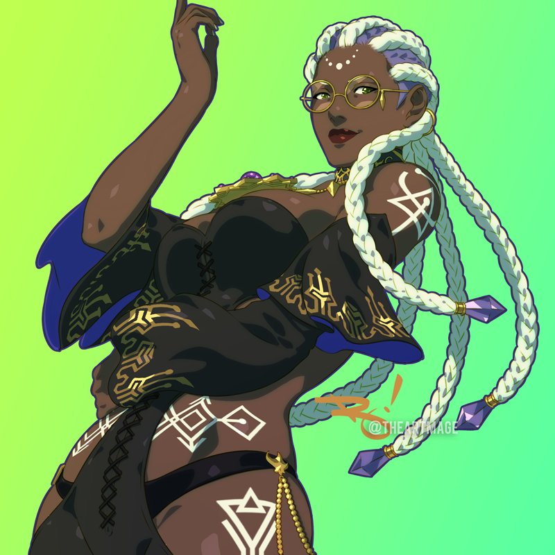 1girl braid breasts dark-skinned_female dark_skin dolores_(kof) glasses gradient_background green_background green_eyes jewelry multicolored_hair round_eyewear simple_background solo tattoo the_art_mage the_king_of_fighters the_king_of_fighters_xv two-tone_hair