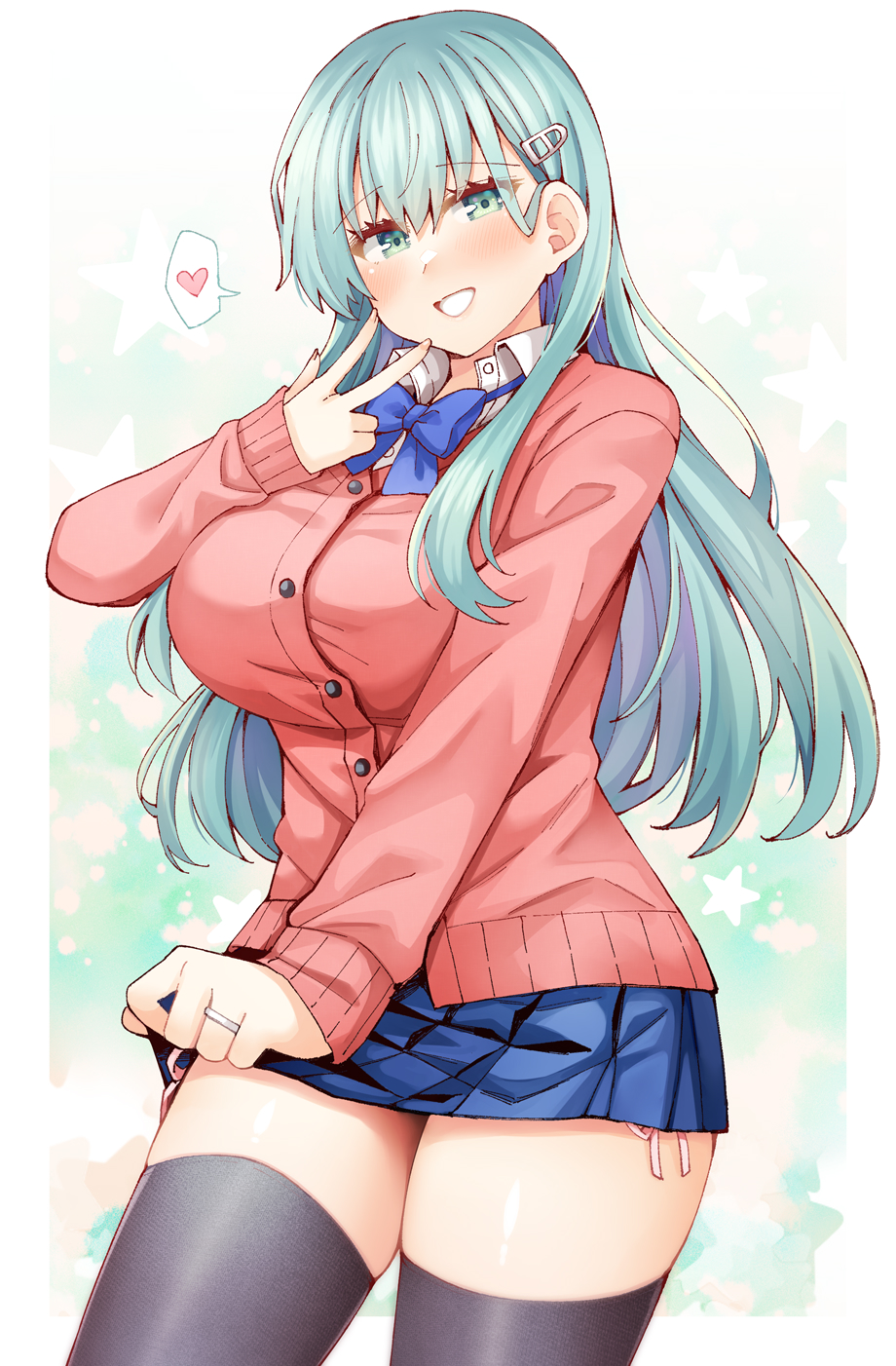 1girl aqua_eyes aqua_hair black_thighhighs blue_bow blue_bowtie blue_skirt bow bowtie breasts cardigan hair_ornament hairclip heart highres jewelry kantai_collection large_breasts long_hair long_sleeves looking_at_viewer miniskirt official_alternate_costume panties pink_cardigan pleated_skirt polearm ring rui_shi_(rayze_ray) school_uniform side-tie_panties skirt smile solo spear spoken_heart suzuya_(kancolle) suzuya_(school_girl)_(kancolle) thighhighs underwear very_long_hair weapon wedding_ring