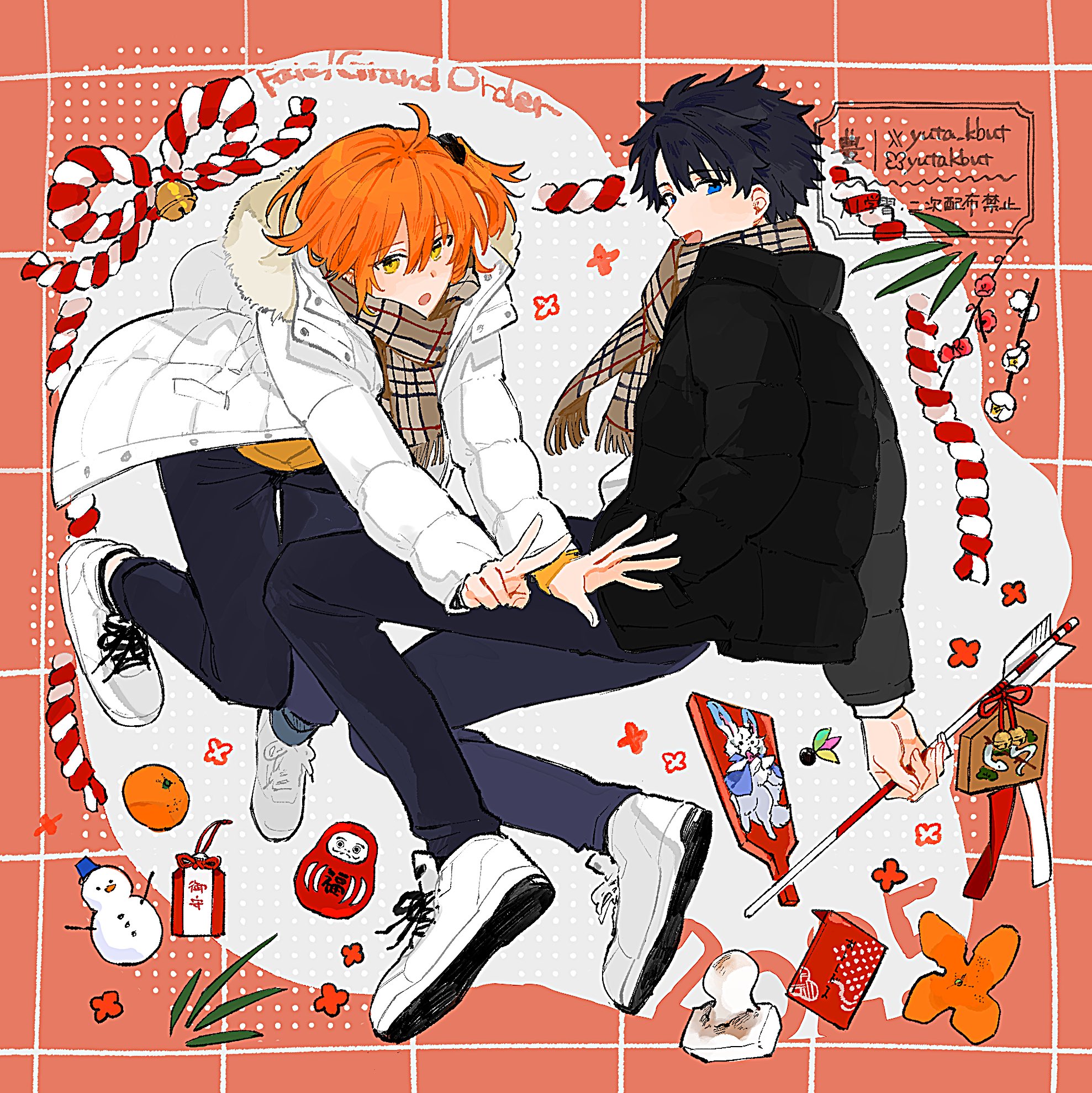 1boy 1girl :o ahoge arrow_(projectile) bell black_coat black_hair black_pants black_scrunchie blue_eyes coat copyright_name daruma_doll ema fate/grand_order fate_(series) flower_symbol food fou_(fate) fruit fujimaru_ritsuka_(female) fujimaru_ritsuka_(female)_(winter_casual) fujimaru_ritsuka_(male) fujimaru_ritsuka_(male)_(winter_casual) full_body fur-trimmed_coat fur_trim hagoita hair_between_eyes hair_ornament hair_scrunchie hamaya highres holding holding_arrow jumping kouhaku_nawa long_sleeves looking_at_viewer omamori one_side_up open_mouth orange_(fruit) orange_hair orange_peel paddle pants plaid_clothes plaid_scarf rope scarf scrunchie shimenawa shirt shoes short_hair smile sneakers snowman twitter_username white_coat white_footwear white_shirt winter_clothes winter_coat yellow_eyes yellow_shirt yuta_kbut