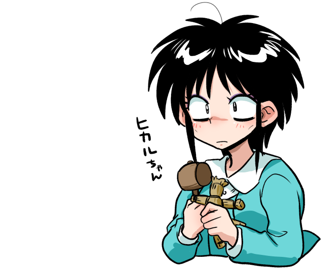 1girl arm_across_chest bags_under_eyes black_hair blue_dress breasts brown_eyes collar doll dress eyeshadow genderswap genderswap_(mtf) gosunkugi_hikaru hammer holding holding_doll holding_hammer looking_to_the_side makeup purple_eyeshadow ranma_1/2 short_hair sidelocks small_breasts straw_doll toy_hammer upper_body voodoo voodoo_doll wanta_(futoshi) white_background white_collar white_undershirt