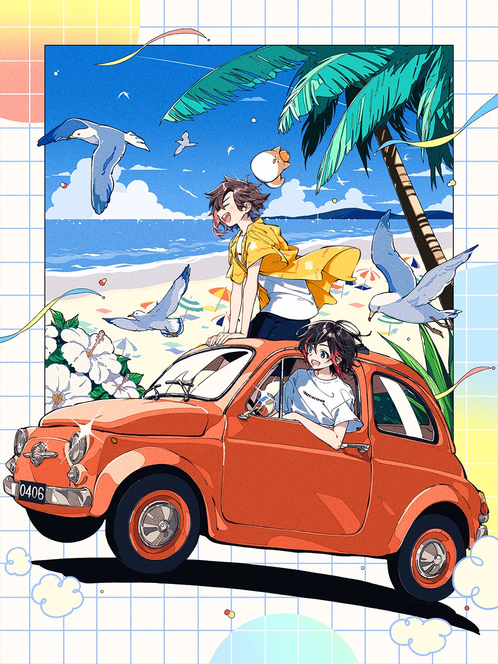 1boy 1girl beach beach_umbrella bird black_hair car driving highres keishin motor_vehicle ocean original palm_tree pigeon red_car shirt tree umbrella yellow_shirt