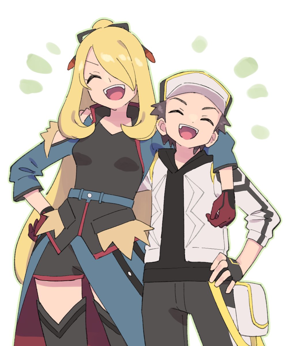 1boy 1girl arm_over_shoulder black_gloves blonde_hair boots breasts closed_eyes cynthia_(pokemon) cynthia_(sygna_suit)_(aura)_(pokemon) fingerless_gloves gloves hair_over_one_eye hand_on_own_hip hat highres jacket long_hair nintendo open_clothes open_jacket open_mouth pokemon pokemon_masters_ex pumpkinpan red_(pokemon) red_(sygna_suit)_(thunderbolt)_(pokemon) red_gloves simple_background small_breasts teeth thigh_boots upper_teeth_only very_long_hair white_background