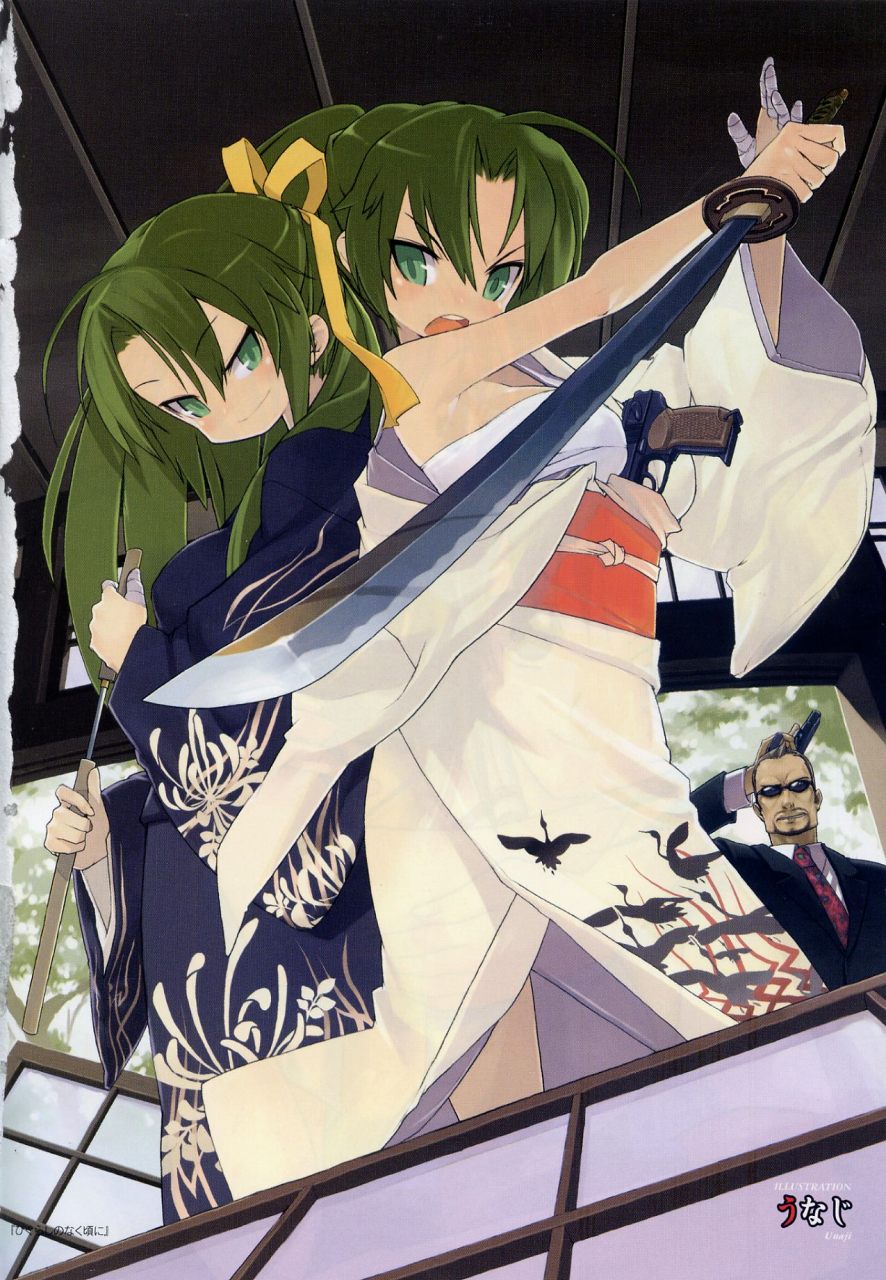 00s 1boy 2girls bandages facial_hair formal_clothes gun hair_ribbon half_updo hand_on_head handgun highres higurashi_no_naku_koro_ni japanese_clothes kasai_tatsuyoshi katana kimono knife long_hair multiple_girls necktie obi off_shoulder open_mouth pistol reverse_grip ribbon sarashi sash scan short_sword siblings sisters smirk sonozaki_mion sonozaki_shion suit sword tantou twins unaji weapon yakuza