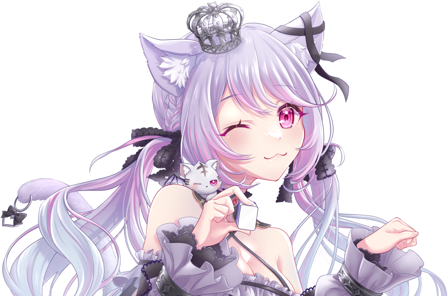 1girl animal_ears black_bow black_collar black_ribbon black_shirt blush bow breasts cat cat_ears cleavage closed_mouth collar commentary_request criss-cross_halter crown detached_collar ear_ribbon frilled_shirt frills hair_bow halterneck holding holding_mahjong_tile ina_uruu long_hair looking_at_viewer low_twintails mahjong mahjong_tile medium_breasts mini_crown multicolored_hair nanashi_inc. one_eye_closed pink_eyes pink_hair purple_hair reona_kfc02 ribbon shirt simple_background smile solo transparent_background twintails two-tone_hair upper_body virtual_youtuber wiink