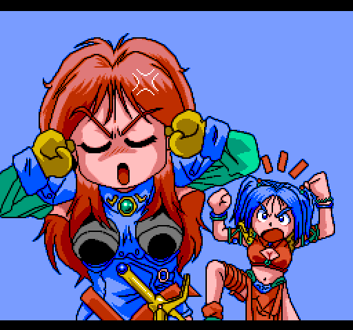 2girls anita_(basted) argue armor basted blue_hair chibi game gems multiple_girls navel pc_engine pixel_art raiza_(basted) red_hair