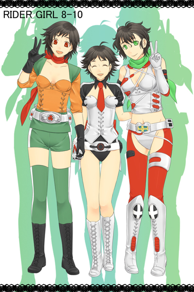 3girls :d ^_^ bare_shoulders belt black_footwear black_gloves black_hair boots breasts closed_eyes closed_mouth collarbone crop_top detached_collar elbow_gloves full_body gloves green_legwear green_scarf green_shorts groin head_tilt height_difference holding_hands interlocked_fingers kamen_rider kamen_rider_super-1 kamen_rider_zx knee_boots lace-up_boots leotard long_sleeves looking_at_viewer medium_breasts multiple_girls navel necktie open_mouth red_eyes red_necktie red_scarf rider-tan scarf short_hair shorts silhouette simple_background skyrider sleeveless sleeves_pushed_up small_breasts smile standing stomach thigh_gap thighhighs v white_background white_footwear white_gloves yamamaru