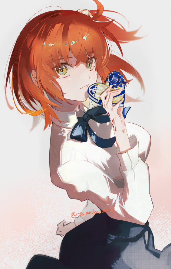 1girl ahoge blue_skirt box candy chaldea_logo chocolate command_spell fate/grand_order fate_(series) food fujimaru_ritsuka_(female) fujimaru_ritsuka_(female)_(anniversary_blonde) gift hair_between_eyes hair_ornament hair_scrunchie hanako_(onikutabetaiyo) heart heart-shaped_box holding holding_box holding_gift long_sleeves one_side_up orange_hair ribbon scrunchie shirt short_hair side_ponytail skirt smile valentine yellow_eyes
