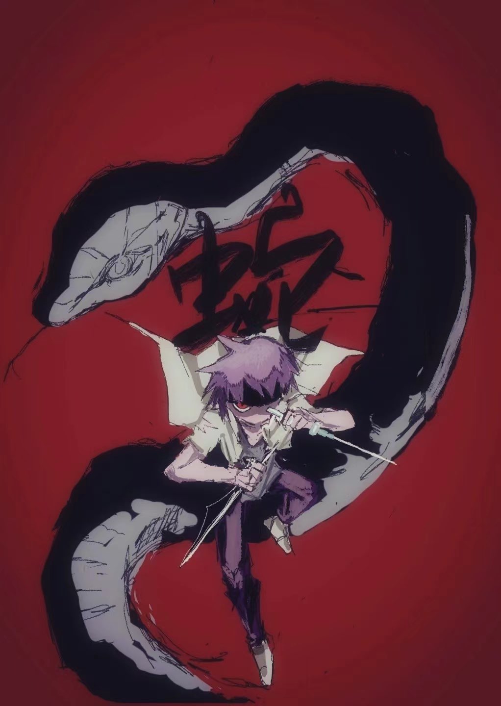 1other androgynous animal black_headband brown_hair brown_shoes commentary dagger dual_wielding fighting_stance floating_clothes full_body green_jacket grey_shirt headband highres holding holding_dagger holding_knife holding_weapon jacket knife kurohebi len&#039;en open_clothes open_jacket other_focus oversized_animal pants red_background red_eyes red_pants shirt shoes short_hair short_sleeves snake sneakers soccerobsidian solo weapon