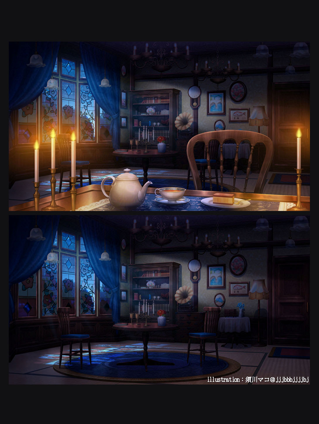 artist_name black_border blue_flower book bookshelf border box cake camellia candelabra candle candlelight candlestand castella_(food) castella_yoriko chair chalice chandelier clock cup curtains dark door drawer fishbowl flower food fork grandfather_clock handheld_game_console hanging_light highres indoors lamp night no_humans official_art painting_(object) phonograph photo_(object) picture_frame placemat plate red_flower rug saucer scenery sky stained_glass star_(sky) starry_sky sugawa_mako table tablecloth tatami tea teacup teapot v-nyaren variations vase window