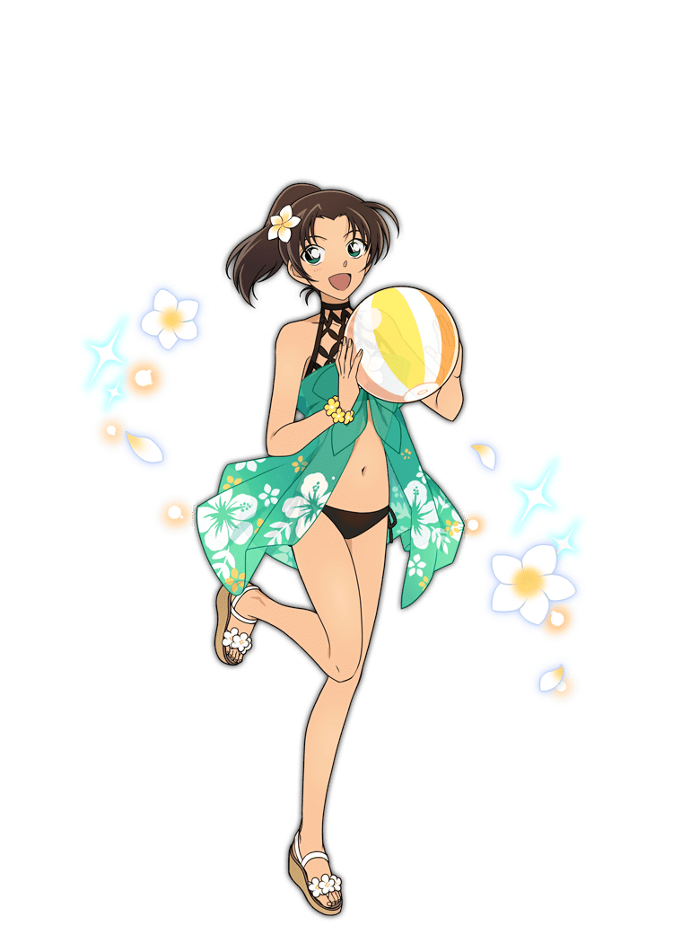 1girl :d ball beachball bikini black_bikini brown_hair floral_print_sarong flower full_body green_eyes green_sarong high_ponytail holding holding_ball holding_beachball light_blush looking_at_viewer meitantei_conan navel non-web_source official_art open_mouth ponytail sandals sarong see-through_clothes side-tie_bikini_bottom smile solo sparkle standing standing_on_one_leg swimsuit tooyama_kazuha white_flower