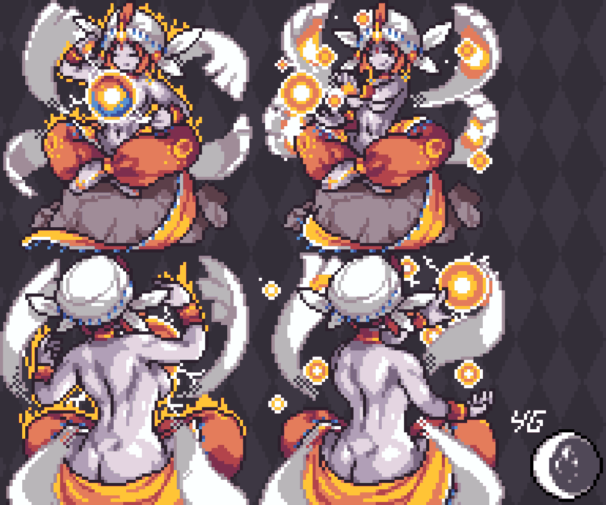 1girl ass backboob barefoot bracelet breasts butt_crack colored_skin dimples_of_venus earrings energy facial_mark forehead_mark full_body gen_3_pokemon grey_skin harem_pants humanization jewelry large_breasts medicham mega_medicham mega_pokemon navel necklace nintendo pants personification pixel_art pokemon red_hair rock sash sitting solo topless_female turban yummyglitzer
