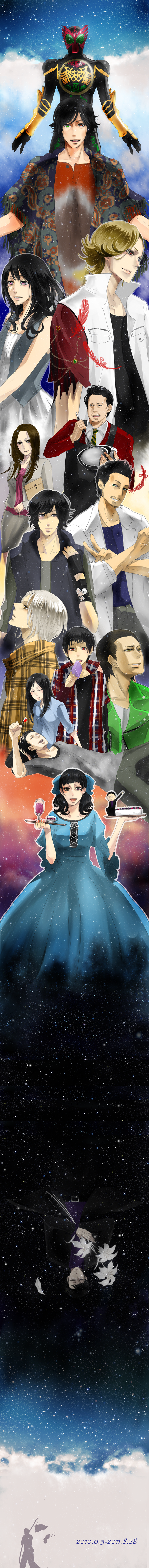4girls 6+boys absurdres ankh_(ooo) bad_id bad_pixiv_id date_akira gamel gotou_shintaro gotou_shintarou highres hino_eiji izumi_hina kamen_rider kamen_rider_ooo kamen_rider_ooo_(series) kazari kougami_kousei lock-a long_image lost_ankh maki_kiyoto mezul multiple_boys multiple_girls satonaka_erika shiraishi_chiyoko tall_image uva