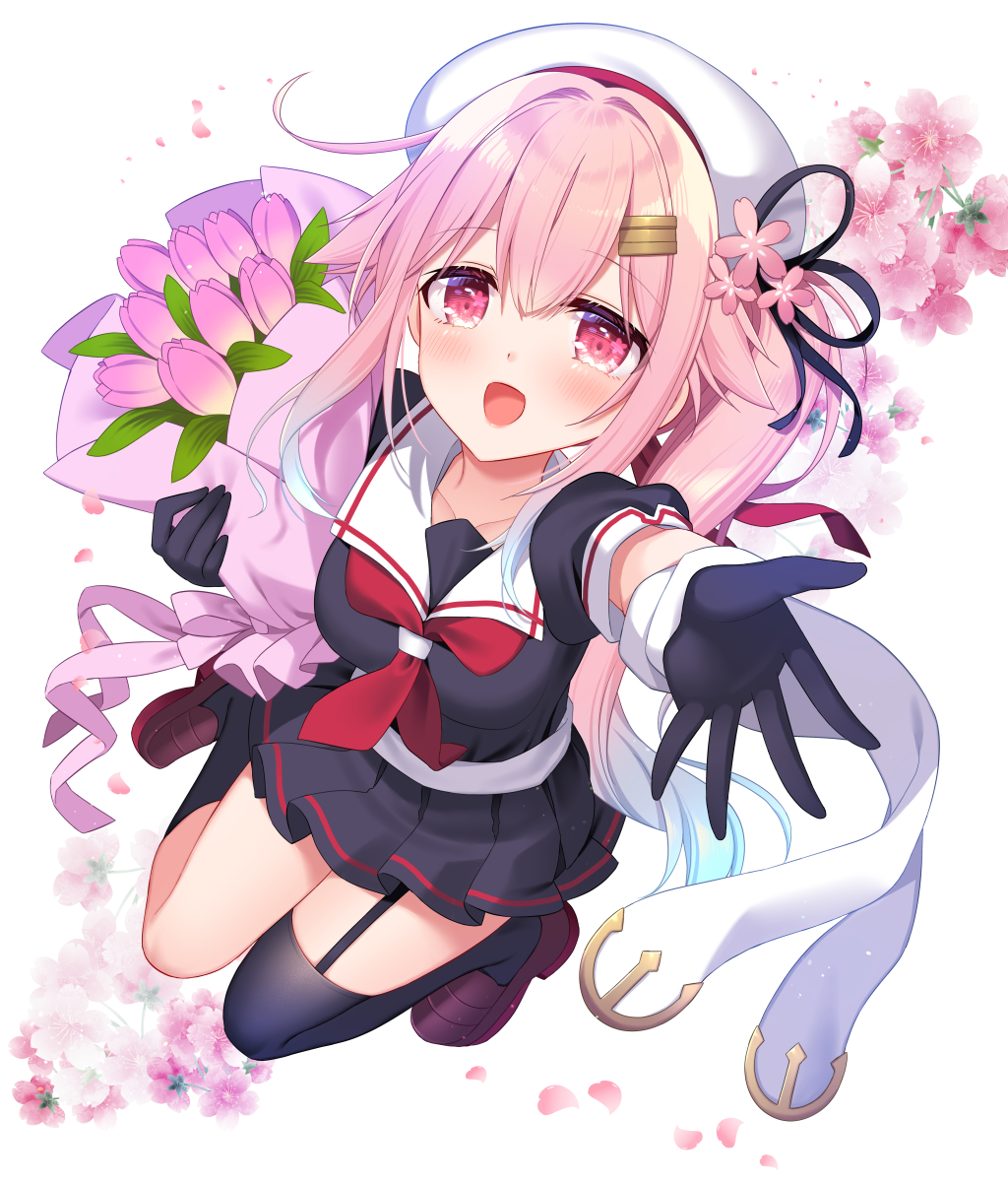 1girl aqua_hair black_gloves black_ribbon black_skirt black_socks blush bouquet breasts commentary_request flower garter_straps gloves gradient_hair hair_between_eyes hair_flaps hair_ornament hairclip harusame_(kancolle) harusame_kai_ni_(kancolle) hat highres holding holding_bouquet kantai_collection loafers long_hair looking_at_viewer medium_breasts multicolored_hair neckerchief open_mouth petals pink_eyes pink_flower pink_hair pleated_skirt red_neckerchief ribbon ringo_sui sailor_collar school_uniform serafuku shoes side_ponytail sidelocks simple_background single_garter_strap single_sock single_thighhigh skirt socks solo thighhighs tulip white_background white_sailor_collar