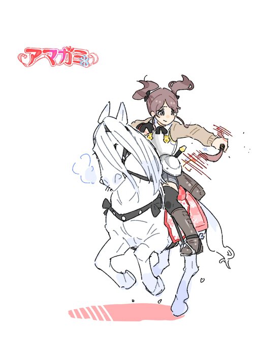1girl amagami black_gloves black_ribbon black_skirt black_thighhighs boots bow_(weapon) brown_boots brown_hair brown_sweater buckler closed_mouth cuirass full_body furrowed_brow gloves hair_ribbon holding holding_bow_(weapon) holding_weapon horseback_archery horseback_riding jibakurei_(elite_unchi) knee_boots long_hair long_sleeves looking_to_the_side motion_lines nakata_sae partially_fingerless_gloves partly_fingerless_gloves pleated_skirt ribbon riding shield simple_background single_glove skirt solo sweater thighhighs twintails weapon white_background yugake