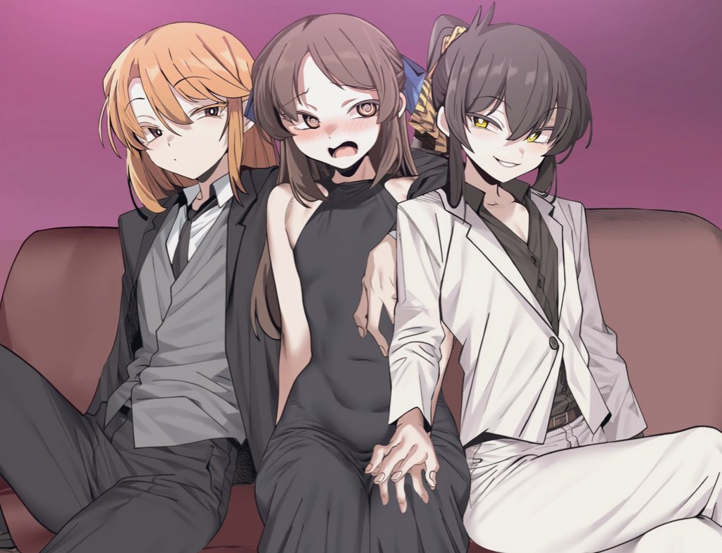 3girls @_@ black_dress black_hair blush breasts brown_hair commentary_request covered_navel crossed_legs dress embarrassed flat_chest formal_clothes hostess idolmaster idolmaster_cinderella_girls kazuta1000 long_hair looking_at_another matoba_risa multiple_girls necktie open_mouth orange_hair ponytail sitting small_breasts smile suit tachibana_arisu textless_version white_suit yuuki_haru