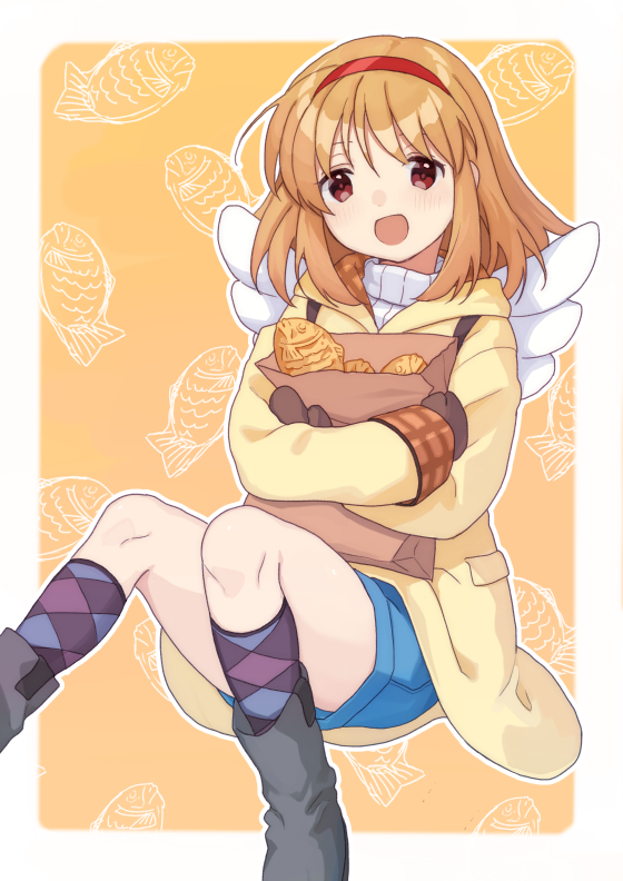1girl animal_print argyle_clothes argyle_socks backpack bag blue_shorts border brown_gloves brown_hair brown_mittens coat commission convenient_censoring convenient_leg feet_out_of_frame female_focus fish_background fish_print food gloves grey_footwear hairband kanon knees_up looking_at_viewer medium_hair mitsuyo_(mituyo324) mittens orange_background outline paper_bag red_eyes red_hairband short_hair shorts sitting smile socks solo taiyaki tareme tsukimiya_ayu wagashi white_border white_outline white_wings winged_bag wings yellow_coat