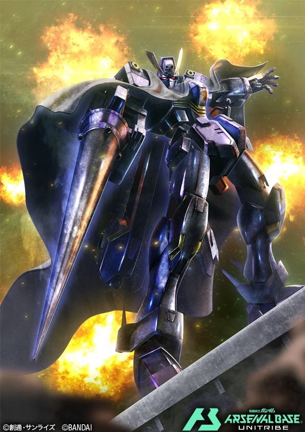 artist_request bandai cape copyright_logo crossbone_gundam crossbone_gundam_x-2 crossbone_vanguard explosion gundam gundam_arsenal_base jolly_roger machinery mecha mecha_focus mobile_suit no_humans official_art realistic robot science_fiction shot_lancer space title torn_cape torn_clothes v-fin