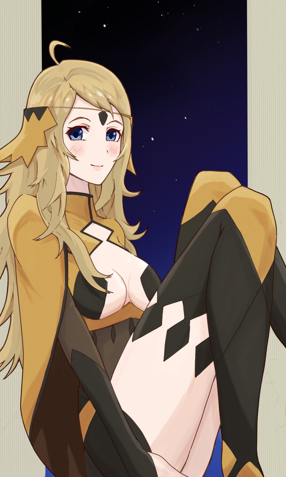 1girl ahoge black_bridal_gauntlets blonde_hair bodystocking breasts bridal_gauntlets circlet fire_emblem fire_emblem_fates gold_cape grey_eyes highres long_hair looking_at_viewer nintendo ophelia_(fire_emblem) panties small_breasts smile solo strixinkagoshim underwear yellow_panties
