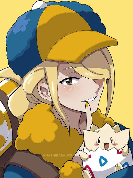 1boy backpack bag blue_headwear blue_jumpsuit blush blush_stickers brown_bag creatures_(company) fur_trim game_freak gen_2_pokemon grey_eyes hair_over_one_eye hand_up hat jumpsuit male_focus nail_polish nashirasauce nintendo orange_nails parted_lips pokemon pokemon_(creature) pokemon_legends:_arceus simple_background smile togepi volo_(pokemon) watermark yellow_background