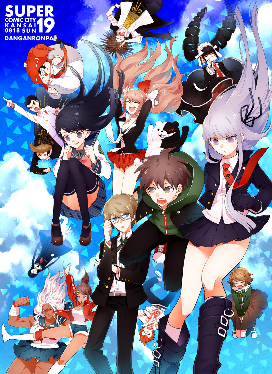 10s 6+boys 6+girls asahina_aoi backpack bad_id bad_pixiv_id bag bear black_hair blonde_hair blue_eyes blue_hair boots braid brown_eyes brown_hair celestia_ludenberg cloud copyright_name danganronpa:_trigger_happy_havoc danganronpa_(series) drill_hair enoshima_junko everyone fat fat_man fujisaki_chihiro fukawa_toko gakuran gum_(gmng) gumidemo_kandero hagakure_yasuhiro highres ishimaru_kiyotaka kirigiri_kyoko kuwata_leon maizono_sayaka monokuma multiple_boys multiple_girls muscular muscular_female naegi_makoto necktie ogami_sakura owada_mondo orange_hair purple_eyes purple_hair red_eyes school_uniform serafuku side_braid sky sleeves_rolled_up togami_byakuya twin_braids twin_drills twintails white_hair yamada_hifumi