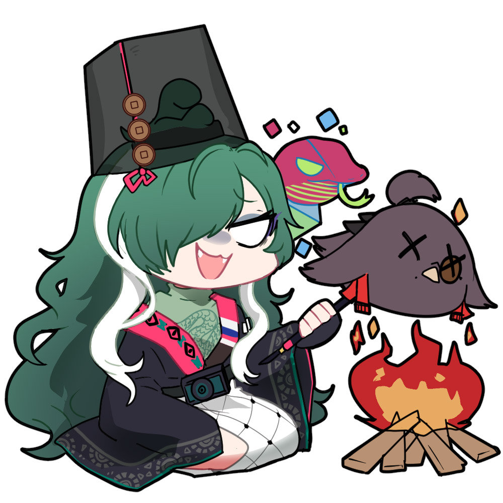 1girl :3 artist_request bird black_hat black_robe chibi chibi_only chinese_commentary cooking fangs fire girls&#039;_frontline girls&#039;_frontline_neural_cloud green_hair green_shirt hair_over_one_eye hat long_hair monocle nora_(neural_cloud) official_art robe second-party_source shirt snake taoism white_hair zangyin_(neural_cloud)