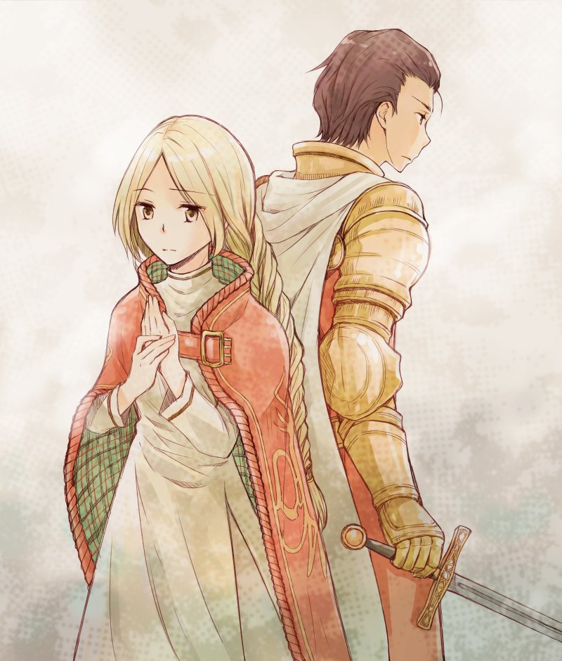 1boy 1girl armor azuma_shouko blonde_hair braid brown_eyes brown_hair cape cloak delita_heiral dress final_fantasy final_fantasy_tactics holding holding_weapon long_hair ovelia_atkascha short_hair simple_background sword weapon