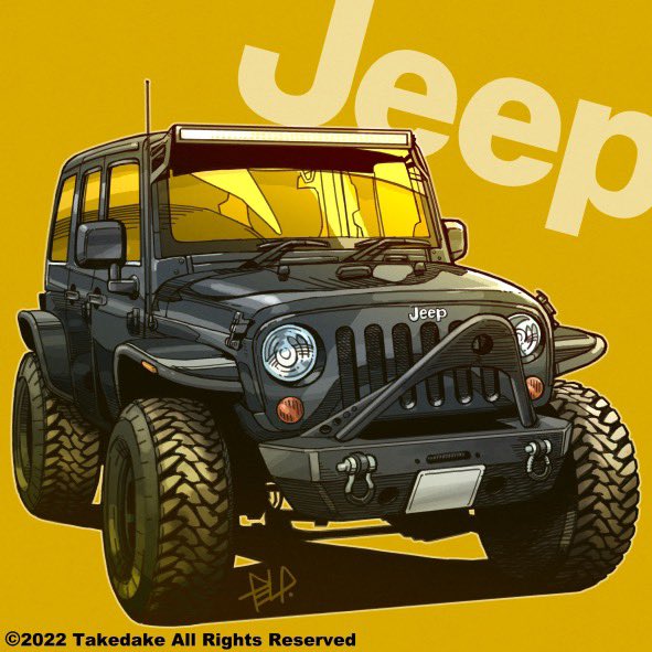 2022 artist_name car company_name jeep_(company) jeep_wrangler making-of_available motor_vehicle no_humans orange_background original shadow signature simple_background solo sports_utility_vehicle takedake_(motion_animator) vehicle_focus