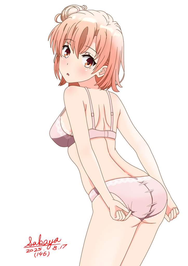 1girl adjusting_clothes adjusting_panties ass back bra breasts commentary_request dated medium_breasts orange_eyes orange_hair panties parted_lips pink_bra pink_panties sakayaya short_hair solo thighs underwear yahari_ore_no_seishun_lovecome_wa_machigatteiru. yuigahama_yui
