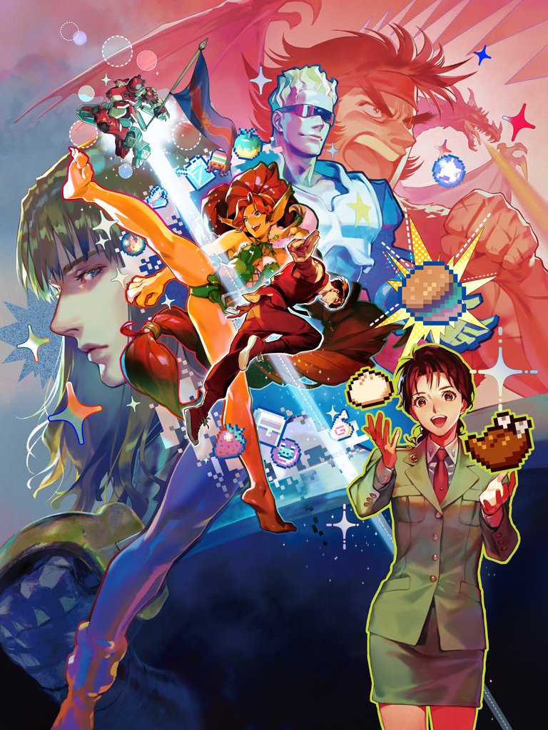 angry battle_circuit bird capcom capcom_belt_action captain_commando captain_commando_(character) character_request chicken crossover crowd dragon final_fight fire flag flying food fruit gauntlets guy_(final_fight) insignia knights_of_the_round_(game) mecha military military_uniform mita_chisato multiple_boys multiple_girls official_art pectorals pixels powered_gear promotional_art robot sideburns star_(symbol) strawberry sunglasses sword tenchi_wo_kurau_ii the_king_of_dragons variant_armor weapon yellow_beast