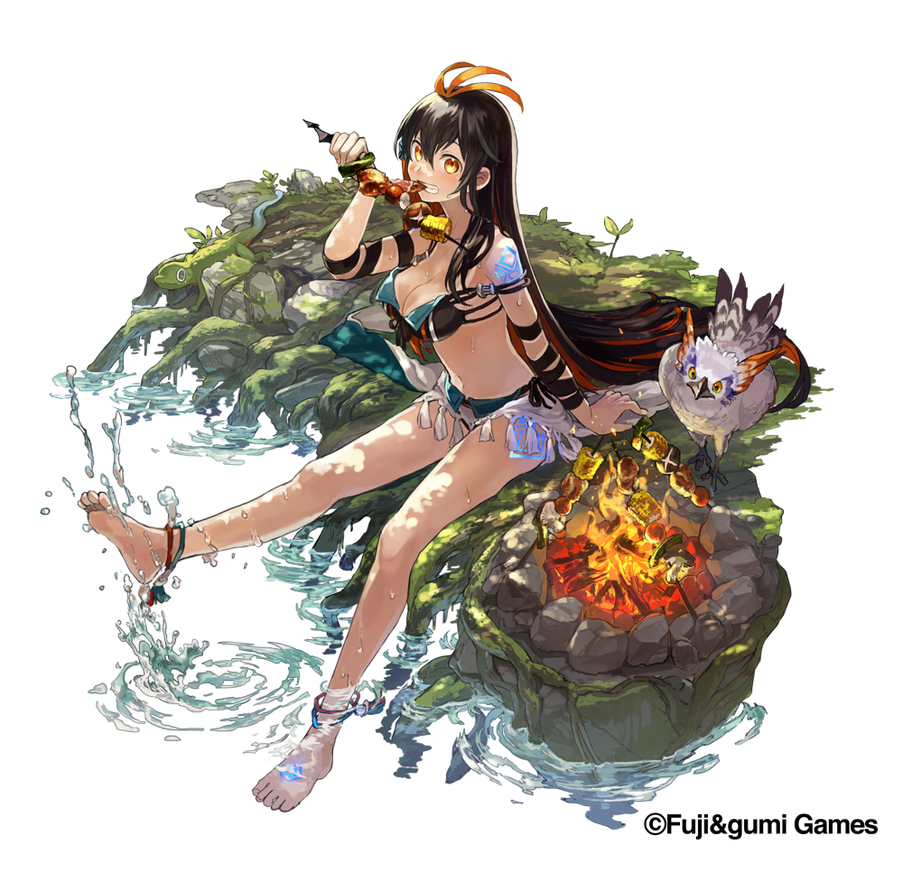 1girl ahoge almira_(ta_ga_tame_no_alchemist) arm_support bikini bird black_bikini black_hair bonfire brown_eyes brown_hair colored_inner_hair corn eating full_body glowing_tattoo hawk holding holding_skewer leg_tattoo lizard long_hair looking_at_viewer multicolored_hair mushroom no_socks official_alternate_costume official_art orange_hair outdoors second-party_source shiitake sitting skewer solo swimsuit ta_ga_tame_no_alchemist tattoo teeth transparent_background very_long_hair watarubou