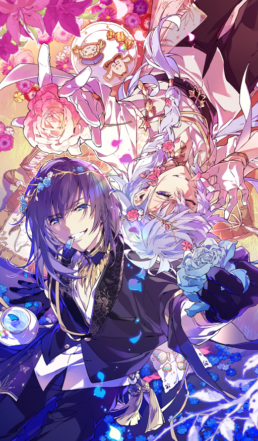 2boys aiguillette animal-themed_food arm_support artoria_caster_(fate) artoria_pendragon_(fate) belt belt_buckle black_belt black_collar black_gloves black_jacket black_pants black_vs_white blue_eyes blue_flower blue_petals bracelet braid broken buckle bug butterfly buttons candy cernunnos_(fate) character-themed_food collar collar_chain_(jewelry) colored_lapels commentary cookie crushing cup detached_collar drink fate/grand_order fate_(series) flower flower_request food from_above gloves gold_bracelet grey_hair hair_between_eyes hair_flower hair_ornament hair_tie half_gloves head_wreath holding holding_flower holding_petal insect jacket jewelry long_hair long_sleeves looking_at_viewer male_focus medium_hair merlin_(fate) merlin_(overnight_dream)_(fate) mouth_hold multiple_boys oberon_(fate) oberon_(overnight_dream)_(fate) oberon_(third_ascension)_(fate) official_art one_eye_closed pants parted_lips partially_unbuttoned petal_in_mouth petals pink_flower pink_petals plate purple_eyes purple_hair rotational_symmetry saint_quartz_(fate) saucer senzaki_makoto shirt short_sleeves sweets teacup teeth teeth_hold third-party_source very_long_hair white_gloves white_shirt wrapped_candy