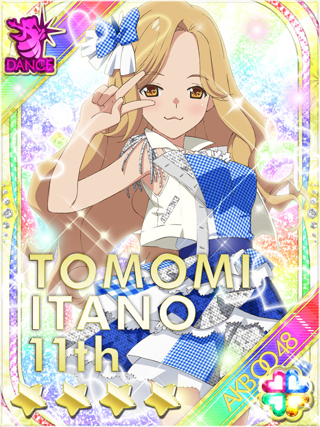 1girl :3 akb0048 blue_bow blue_dress bow brown_eyes brown_hair card_(medium) character_name closed_mouth copyright_name cowboy_shot dress frilled_dress frills gingham_bow gingham_dress hair_bow heart idol_clothes itano_tomomi_(akb0048) jacket long_hair looking_at_viewer non-circular_lens_flare non-web_source official_art open_clothes open_jacket sleeveless sleeveless_jacket smile solo sparkle standing star_(symbol) strapless strapless_dress v v_over_eye wavy_hair white_jacket