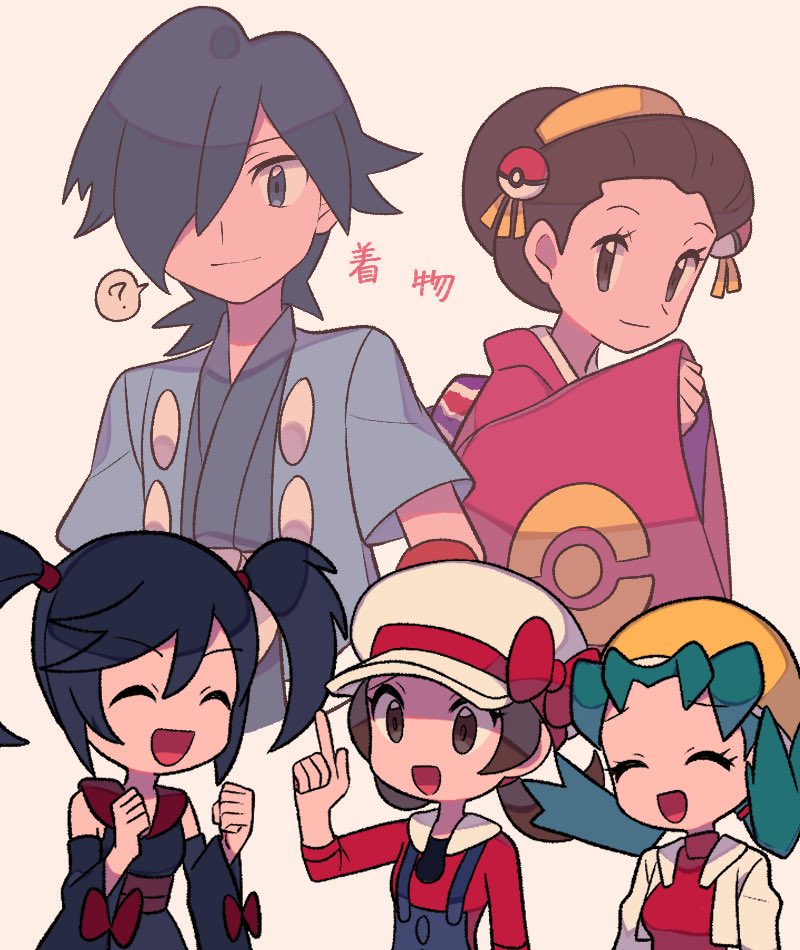 1boy 4girls :d ? black_hair black_kimono brown_hair chibi clenched_hands closed_eyes commentary_request detached_sleeves eyelashes falkner_(pokemon) furisode_girl_(pokemon) furisode_girl_kali green_hair hat jacket japanese_clothes kimono kimono_girl_(pokemon) kris_(pokemon) long_hair lyra_(pokemon) medium_hair multiple_girls nintendo open_mouth overalls pokemon pokemon_gsc pokemon_hgss pokemon_xy red_shirt sash shirt smile spoken_question_mark twintails tyako_089 white_headwear white_jacket wide_sleeves yellow_headwear