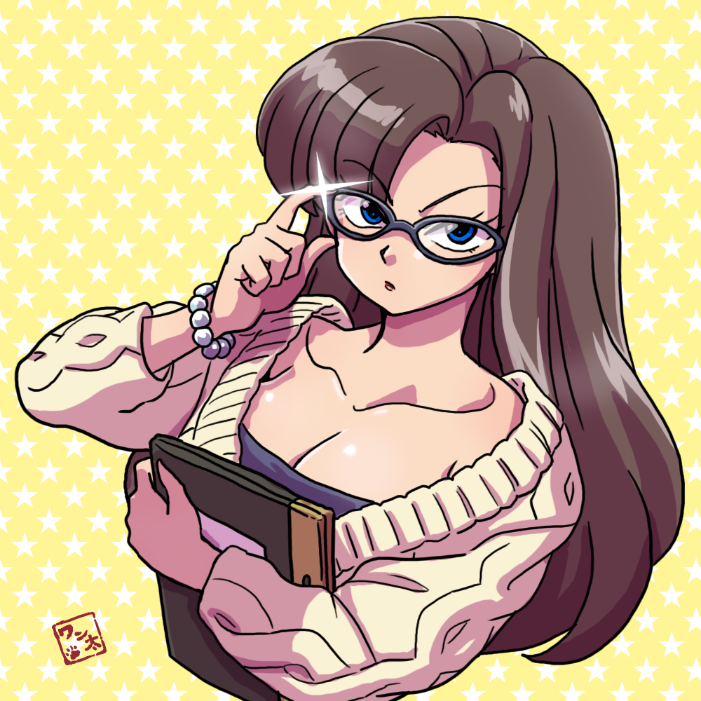 1girl adjusting_eyewear aged_up alternate_costume bespectacled black_hair blue_eyes book bracelet breasts cleavage collarbone female_focus frown glasses holding holding_book jewelry long_hair looking_at_viewer ninomiya_hinako parted_lips pearl_bracelet ranma_1/2 solo star_(symbol) star_symbol_background sweater upper_body wanta_(futoshi)