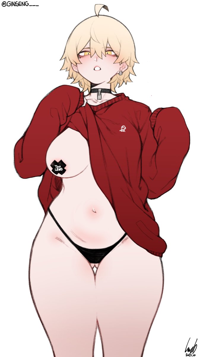 1girl ahoge bags_under_eyes blonde_hair borrowed_character breasts choker chris_(ginseng) clothes_lift cross cross_pasties expressionless flashing ginseng_(xin) gluteal_fold hair_between_eyes highres large_breasts long_sleeves looking_at_viewer navel no_pants one_breast_out original pasties red_sweater short_hair simple_background solo sweater sweater_lift thick_thighs thighs thong yellow_eyes