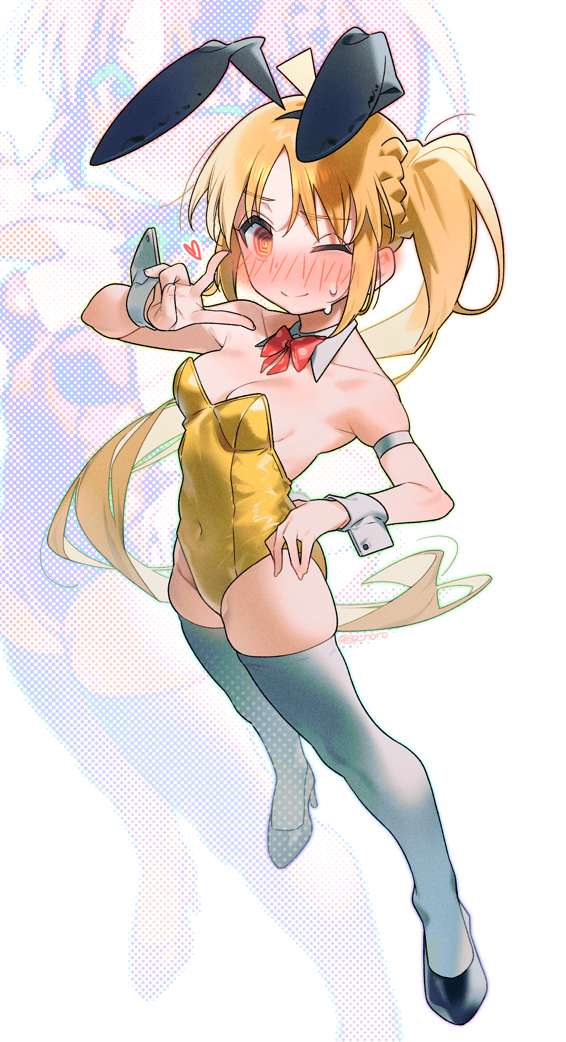 1girl @_@ absurdres animal_ears blonde_hair blush bocchi_the_rock! bow bowtie breasts covered_navel detached_collar embarrassed fake_animal_ears high_heels highres ijichi_nijika leotard long_hair one_eye_closed orange_eyes playboy_bunny rabbit_ears red_bow red_bowtie side_ponytail simple_background skindentation small_breasts smile sofa_(enogunomu) solo sweat sweatdrop thighhighs v very_long_hair white_background white_thighhighs wrist_cuffs yellow_leotard