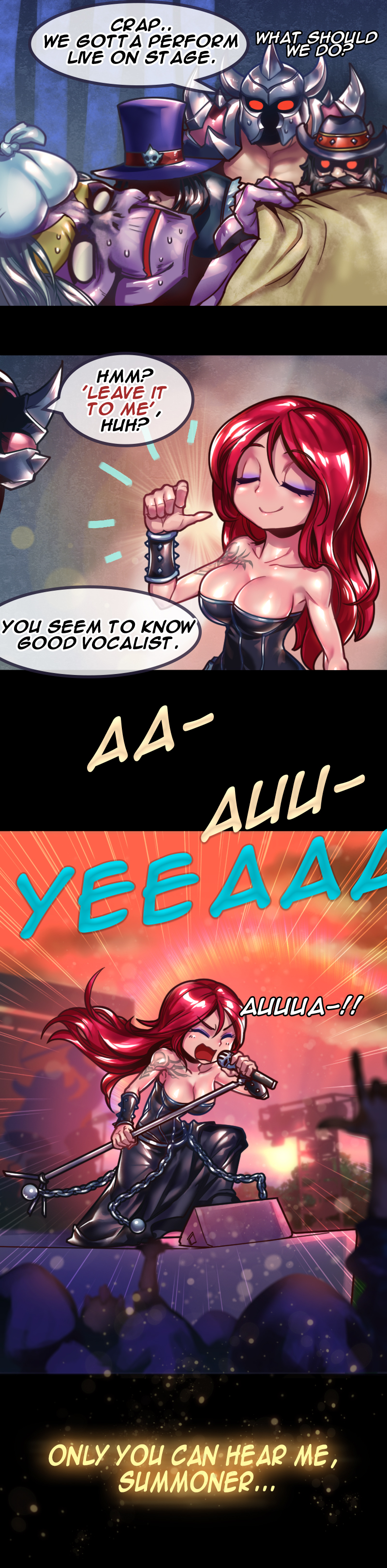 ! !! ... 1girl 4boys ? absurdres arm_tattoo bare_shoulders breasts cheering cleavage comic concert crowd dress english_text closed_eyes highres karthus large_breasts league_of_legends long_hair long_image microphone mordekaiser multiple_boys music olaf_(league_of_legends) open_mouth pentakill_(league_of_legends) pentakill_karthus pentakill_sona pentakill_yorick phantom_ix_row red_hair screaming sick singing sleeveless sleeveless_dress smile sona_(league_of_legends) stage strapless strapless_dress sweat tall_image tattoo text_focus vambraces wavy_mouth yorick_(league_of_legends)