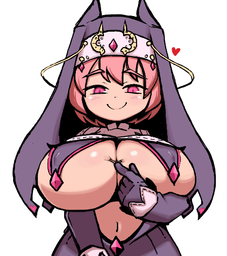1girl black_coif black_dress black_gloves blush breast_curtains breasts closed_mouth commentary copyright_request dress english_commentary gem gloves heart huge_breasts keb00b looking_at_viewer nun paizuri_invitation pink_eyes pink_gemstone pink_hair simple_background smile solo upper_body white_background