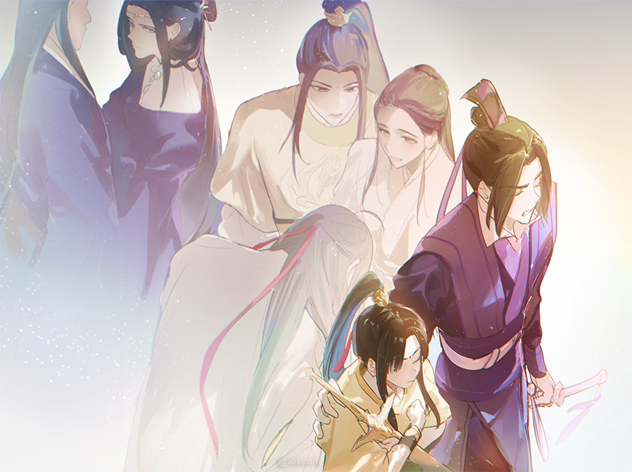 2girls 5boys ahoge artist_name bindi black_hair chinese_clothes circlet clenched_teeth closed_eyes closed_mouth commentary english_commentary family furrowed_brow hair_bun hair_ribbon hand_on_another&#039;s_shoulder hanfu high_ponytail holding holding_sword holding_weapon husband_and_wife jiang_cheng jiang_fengmian jiang_yanli jin_ling jin_zixuan long_hair long_sleeves looking_at_another modao_zushi multiple_boys multiple_girls ponytail purple_hanfu purple_ribbon red_ribbon ribbon serenity0712 sword tassel teeth uncle_and_nephew weapon wei_wuxian xiao_guan_(headdress) yellow_hanfu yu_ziyuan