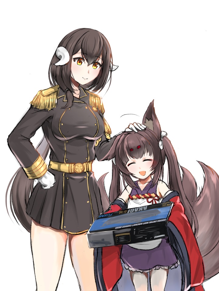 2girls ^_^ aged_down aiguillette amagi-chan_(azur_lane) animal_ears azur_lane blush brown_tail closed_eyes curled_horns epaulettes fox_ears fox_girl fox_tail gloves hand_on_another&#039;s_head headpat horns japanese_clothes kimono kitsune kyuubi mikasa_(azur_lane) military military_uniform multiple_girls multiple_tails open_mouth red_kimono rope shimenawa short_hair smile steed_(steed_enterprise) tail thick_eyebrows white_gloves