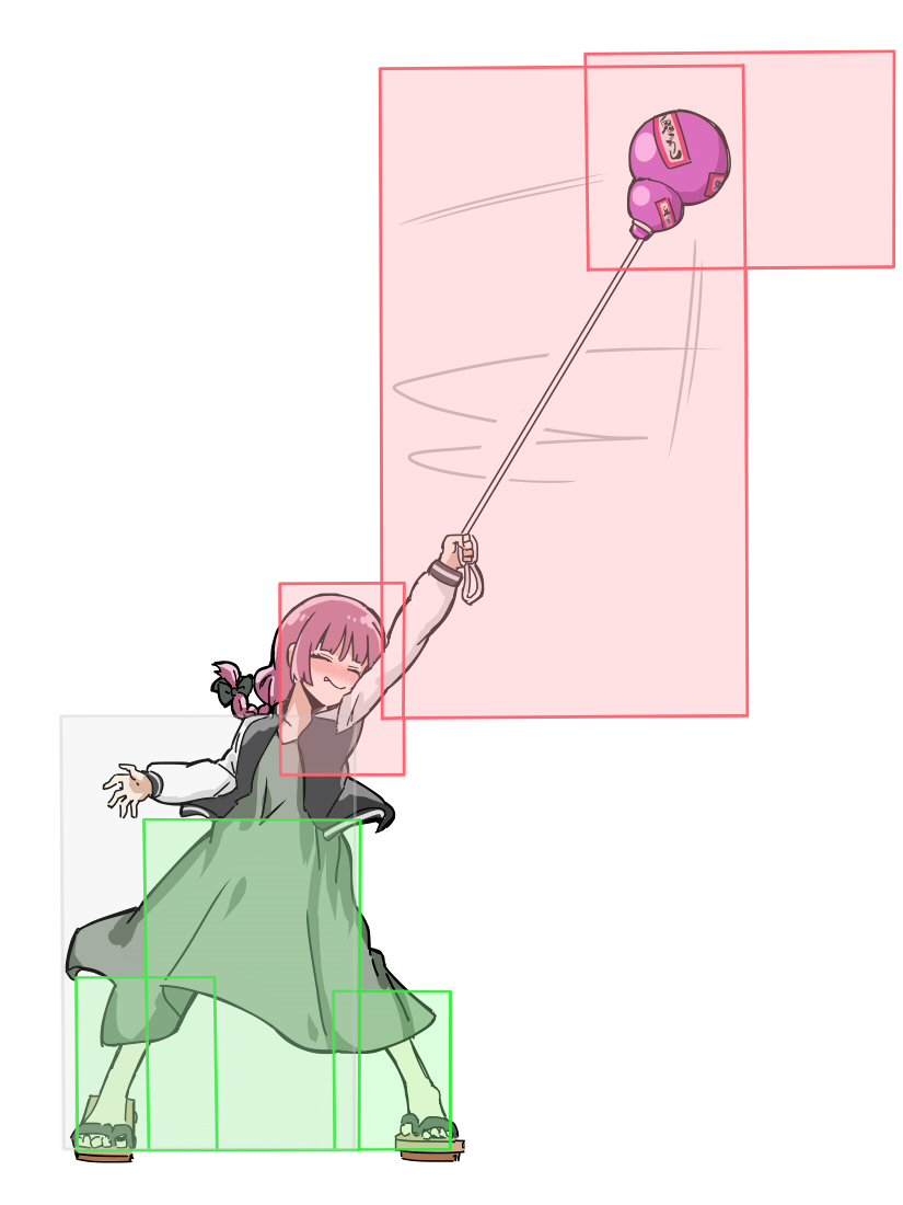 1girl ^_^ black_jacket blunt_bangs blush bocchi_the_rock! bow closed_eyes closed_mouth dress fang fang_out fighting_game full_body geta gourd green_bow green_dress hair_bow hiroi_kikuri hitbox jacket legs_apart long_hair long_sleeves low-braided_long_hair low-tied_long_hair medium_dress melty_blood multicolored_jacket nose_blush open_clothes open_jacket pink_hair simple_background smile solo standing torako_(toramaru) touhou tsukihime two-tone_jacket white_background white_jacket yumizuka_satsuki