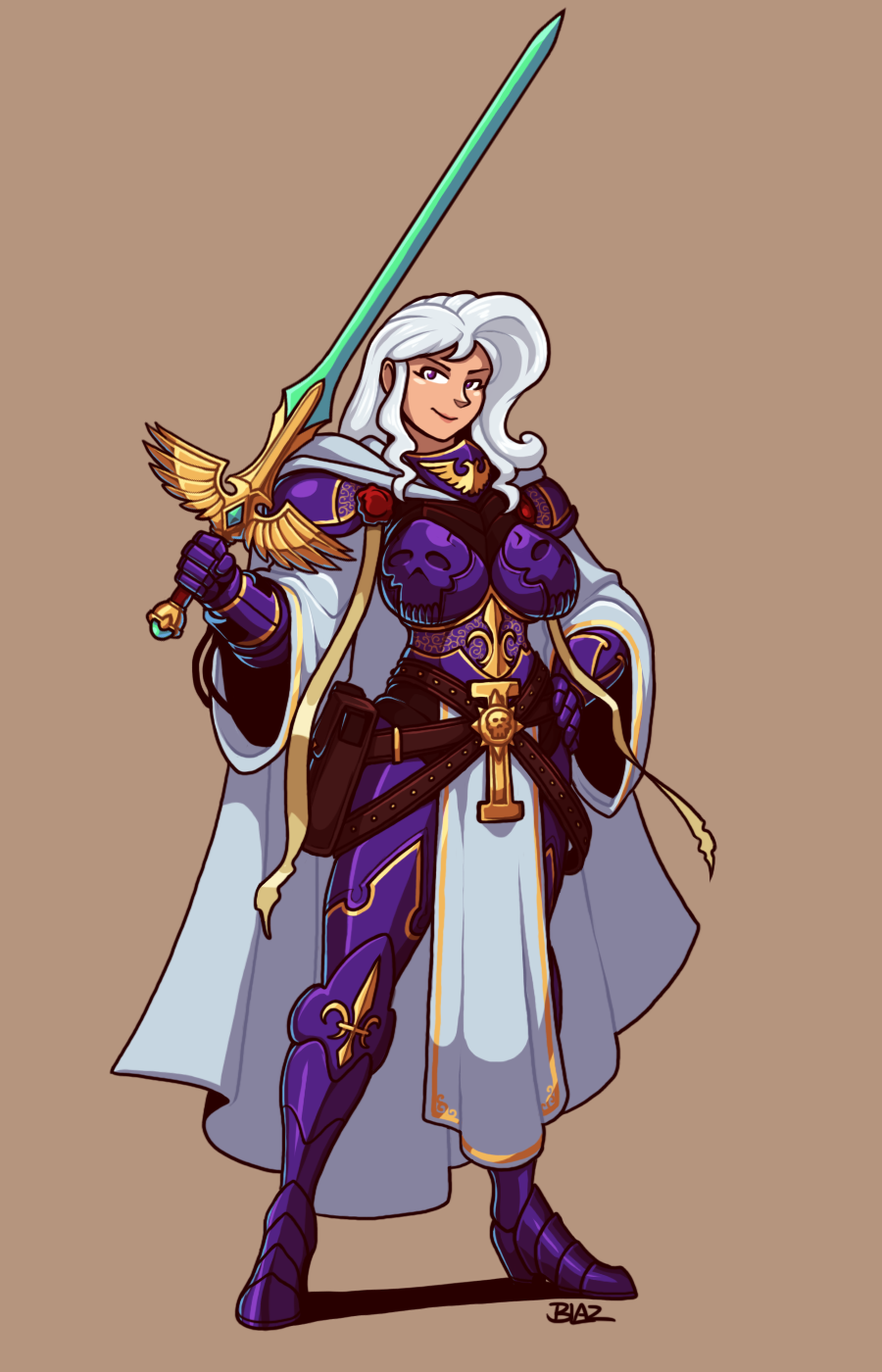 1girl adepta_sororitas armor blazbaros breasts cape commission female_focus first_aid_kit fleur-de-lis fulgrim gold_trim highres holster holstered imperium_of_man inquisition_(warhammer) large_breasts looking_at_viewer ornate_armor over_shoulder pauldrons power_armor power_sword purity_seal purple_eyes robe shoulder_armor skull solo sword warhammer_40k weapon weapon_over_shoulder white_cape white_robe