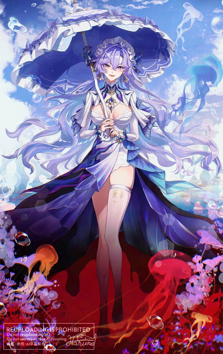 1girl blue_eyes blue_flower breasts cantarella_(wuthering_waves) closed_mouth commentary_request dress earrings facial_mark flower full_body hair_between_eyes hair_flower hair_ornament hair_spread_out haruna_(hrnrnh) headdress highres holding holding_umbrella jellyfish jewelry kneehighs large_breasts long_hair looking_at_viewer mark_under_eye parasol purple_hair purple_umbrella shorts shrug_(clothing) signature single_kneehigh single_sock single_thighhigh skindentation smile socks solo thighhighs thighs umbrella very_long_hair white_dress white_shorts white_shrug white_socks white_thighhighs wuthering_waves