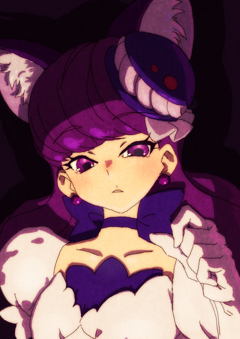 1girl animal_ear_fluff animal_ears bow bow_choker cat_ears choker cure_macaron dress earrings ei_(eikun) gloves jewelry kirakira_precure_a_la_mode kotozume_yukari long_hair looking_at_viewer magical_girl parted_lips precure purple_choker purple_eyes purple_hair solo upper_body